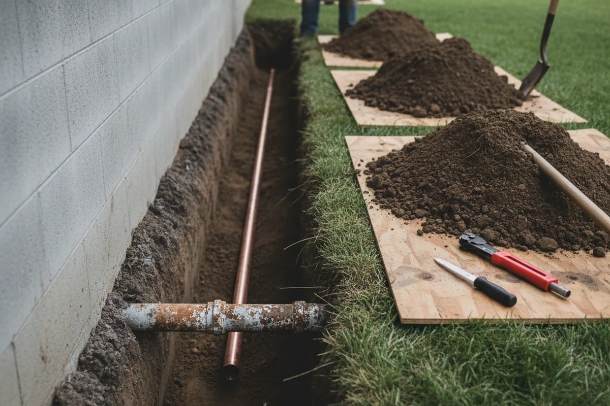 Excavated water line trench during Water Heater Repair in Confluence